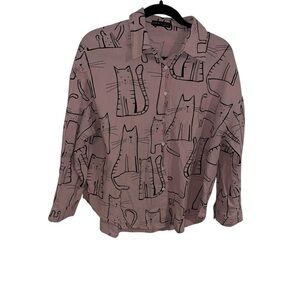 SHEIN 100% cotton pink cotton cat shirt button up L large